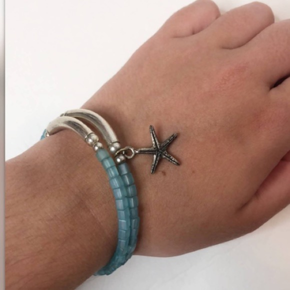 Blue and silver beaded starfish wrap bracelet - Picture 2 of 3